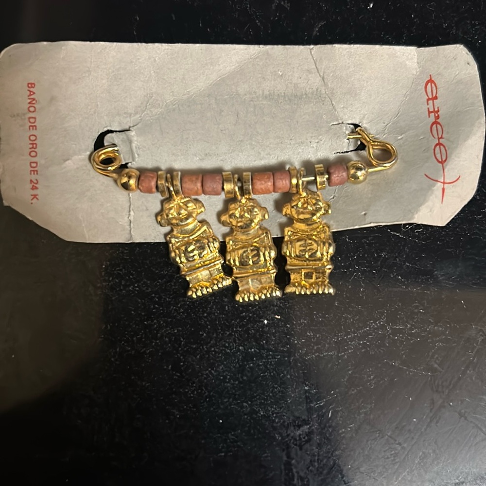 Colombian Brooch with Precolombian Cultural Heritage Charms Washed in 24k Gold